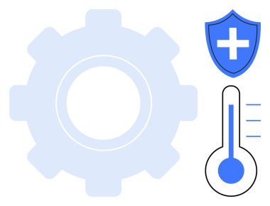 Sağlık hizmetleri yeniliği, tıbbi hizmetler, teknoloji entegrasyonu, dijital sağlık, sistem optimizasyonu, koruma. Tıbbi kalkan, teçhizat ve termometre simgeleri. Sağlık hizmetleri yeniliği ve teknolojisi