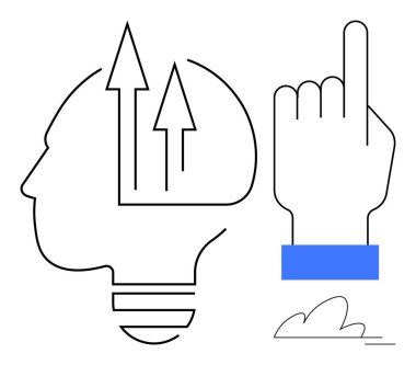 Yenilik, yaratıcılık, yön, strateji, düşünce liderliği, büyüme. Baş silueti, oklar ve işaret eden eller. Yenilik ve yaratıcılık kavramı