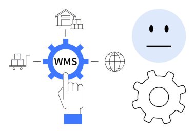 Lojistik, envanter kontrolü, tedarik zinciri, depo operasyonu, yazılım arayüzü ve iş süreci. İlgili simgelerle WMS dişlilerine el işaretleri. Lojistik ve envanter denetimi kavramı