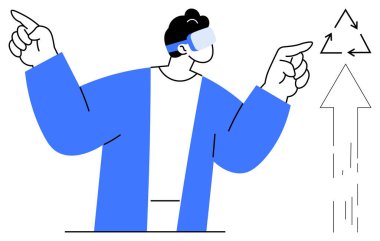 Sanal gerçeklik, teknoloji yeniliği, yaratıcı düşünce, kullanıcı arayüzü tasarımı, fütüristik kavramlar, dijital gelişmeler. VR kulaklıklı bir adam okları ve sembolleri işaret eder. Sanal gerçeklik