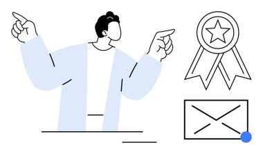 Başarı, takdir, başarı, iletişim, kişisel markalaşma, profesyonellik. El kaldıran kişi, ödül zarfı ikonu. Modern bir asgari tasarımda başarı ve tanınma sembolleri