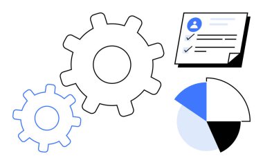 Birbirine kenetlenmiş iki vites, profil, işaretli kutular ve pasta grafiği. Süreç iyileştirme, analitik, proje yönetimi, işbirliği, iş planlaması, verimlilik için ideal