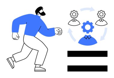 İşadamı ilerliyor, takım çalışması simgeleri dişli ve oklu işbirliği, büyüme ve iş akışını simgeliyor. İş stratejisi, liderlik, süreç, takım yönetimi, kariyer ilerlemesi için ideal