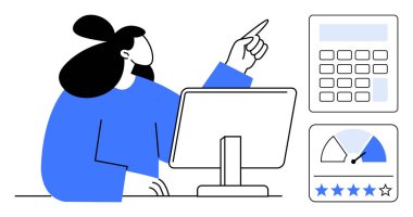 Veri analiz konsepti. Hesap makinesi ve performans gösterge paneli veri analizi ile bilgisayar ekranını izleyen bir kadın. İş, finans ve strateji için veri odaklı kararlar. Analiz için mükemmel.