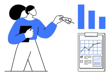 Veri analizi, iş stratejisi, finansal planlama, performans değerlendirmesi, istatistik, büyüme. Grafik ve pano ile veri sunan bir kişi. Veri analizi ve iş stratejisi kavramı