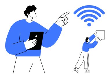 Kablosuz konsept. Kablosuz iletişim ve teknolojik müdahale için insanları birbirine bağlayan bir sinyal. Kablosuz bağlantıyı, internet paylaşımını ve akıllı cihaz kullanımını sağlayan Wi-Fi. Teknoloji için