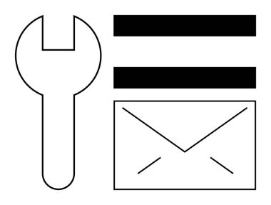 Yatay çizgilerin ve zarf hatlarının yanında anahtarla çizmek araçları, iletişimi, ayarları ve işlevselliği sembolize eder. Destek, onarım, mesajlaşma, sistemler, organizasyon teknolojisi temaları için ideal