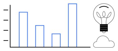İş stratejisi, veri analizi, yenilik, teknoloji, fikir üretimi, büyüme. Yükselen veri, ampul ve bulut içeren bar tablosu. İş büyümesi ve veri analizi kavramı