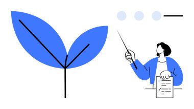 Mavi yaprak, bir belgeyi elinde tutan ve soyut şekilleri gösteren bir figürün yanında büyümeyi simgeliyor. Sürdürülebilirlik, eğitim, eğitim, ekolojik farkındalık, yenilik, doğa, öğretim için idealdir. Basit.