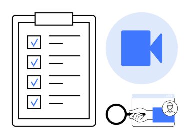 Kalite kontrolü, veri doğrulama, işlem yönetimi, iletişim araçları, güvenlik denetimi, organizasyon uygulamaları. Bir kontrol listesi, video simgesi ve büyüteç içerir. Veri doğrulaması