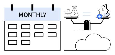 Mali planlama konsepti. Aylık bir takvim ve para, ev ve tasarruf gibi varlıkların dengesi yoluyla mali planlama. Finansal planlama kişisel ve iş hedeflerine yardımcı olur. Uygun.