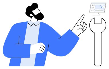 Teknoloji araçları, yazılım güncellemeleri, sistem bakımı, teknik destek, yenilikçi çözümler, dijital etkileşim. Büyük bir ingiliz anahtarının yanındaki bilgisayar ekranını gösteren bir adam. Teknoloji araçları