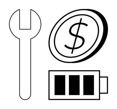 Bakım, finansal büyüme, kaynak yönetimi, enerji verimliliği, sürdürülebilirlik, teknik işlemler. İngiliz anahtarı, dolar işareti ve siyah beyaz pil simgeleri. Bakım ve finans