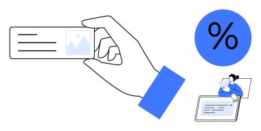 Elinde kart olan dijital ödeme, finansal yüzde sembolü ve çevrimiçi etkileşim. Dijital ödeme işlemleri, güvenli çevrimiçi ödemeler ve bütçe araçlarını mümkün kılar. İdeal