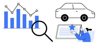 İş stratejisi, otomotiv analizi, performans izleme, değerlendirme sistemleri, tüketici geribildirimleri, veri eğilimleri. Çubuk grafik, araba büyüteç ve geri bildirim formu. Veri eğilimleri ve otomotiv