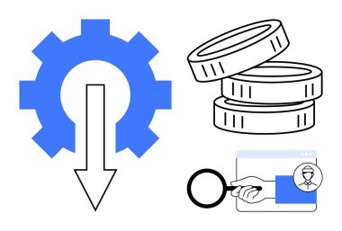 Finansal planlama, zenginlik yönetimi, veri analizi, maliyet azaltma, iş stratejisi, yatırım araçları. Aşağı doğru oklu vites, bozuk paralar büyüteç yığını. Finansal planlama ve zenginlik