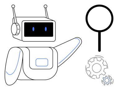 Yapay zeka, robot bilimi, otomasyon, araştırma, yenilik, makine öğrenimi. Büyüteç ve vites yanında bir robot. Robot bilimi ve yapay zeka kavramları