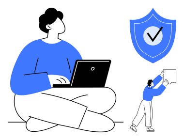 Siber güvenlik kavramı. Siber güvenlik, bir kalkan ikonu ile birlikte dizüstü bilgisayarda çalışan biriyle birlikte. Siber güvenlik, güvenli dijital uygulamaları ve çevrimiçi etkileşimleri güvence altına alıyor. Teknoloji, bilişim, veri için