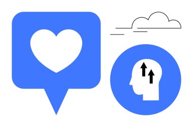 Büyüme konsepti. Baş simgesinin içindeki yukarı doğru oklarla ve kalp konuşma baloncuğuyla büyüyen aşk ve kişisel gelişim. Duygularda, fikirlerde, başarıda, farkındalıkta ve ilişkilerde büyüme