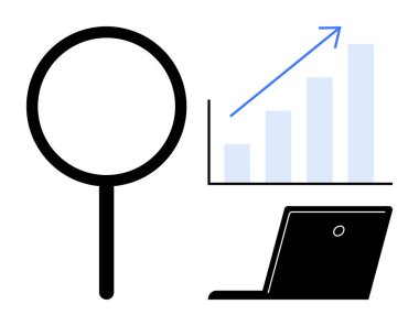 Veri analizi, iş büyümesi, piyasa araştırması, teknoloji eğilimleri, performans izleme, verimlilik araçları. Büyüteç, yükselen çizelge ve dizüstü bilgisayar. Veri analizi ve iş büyümesi