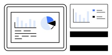 Sayısal ekran analitik gösterge paneli, turta grafikleri ve metin düzeni. Dijital pazarlama, veri analizi, mali raporlama, iş stratejisi ve eğitim için ideal