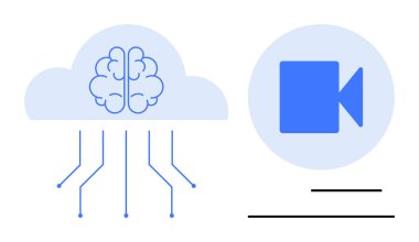 Yapay zeka, bulut depolama, dijital iletişim, makine eğitimi, video yayını, bilgi paylaşımı. Bulut içindeki beyin ve video kamera ikonu tasarımı. Yapay zeka