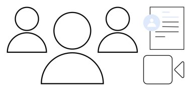 Uzaktan çalışma, sanal toplantılar, iletişim araçları, ağ oluşturma, dijital profiller, takım işbirliği. İnsanların minimalist iyonu, profil belgesi ve video çağrı simgesi. Uzak çalışma ve iletişim