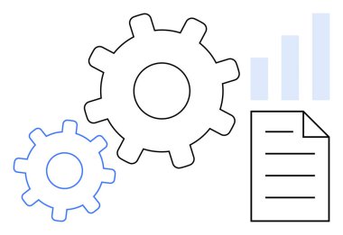 Çalışma akışı konsepti. Birbirine bağlı vites simgeleri, belge ve çubuk çizelgeleri arasında çalış. Çalışma akışı süreçleri geliştiriyor, verimliliği optimize ediyor ve faaliyetleri düzene sokuyor. İş için.