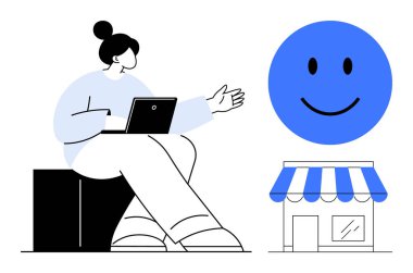 Müşteri memnuniyeti. Müşteri memnuniyeti için mağaza önü ve mutlu bir yüz ile profesyonel bir açıklama stratejisi. Müşteri memnuniyeti sadakati ve iş başarısını artırır. Pazarlama için.