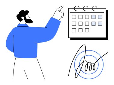 İşaretli tarihli takvime bakan adam, organizasyonu vurguluyor. İmza onaylama ya da anlaşma öneriyor. Planlama, mühlet, zamanlama, zaman yönetimi, anlaşmalar için ideal