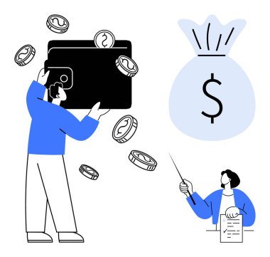 Para çantası ve imzalı sözleşmeyle birlikte işaretlenmiş bozuk paralarla dolu bir cüzdan. Tasarruf, yatırım, bütçe, finans, refah yönetimi, sözleşme imzalama için ideal, basit düz metafor