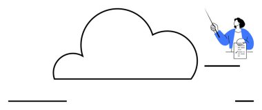 Elinde bir belge tutan ve büyük bir bulutun yanında bir sopayla işaret eden kişi. Veri depolama, bulut hesaplama, eğitim, sunumlar, çevrimiçi öğrenme, ağ oluşturma ve teknoloji için ideal. Basit düz