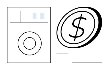Para aklama, finans hizmetleri, işlem sistemleri, ekonomik kavramlar, dolandırıcılık farkındalığı, uyum. Çamaşır makinesi ve bozuk para sembolü. Para aklama ve finansal hizmetler kavramı