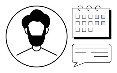 Takvim ve diyalog baloncuğunun yanındaki bir çemberde kullanıcı profili. Zamanlama, iletişim, planlama, hatırlatıcılar, randevular, zaman yönetimi, basit düz metafor