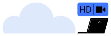 Bulut erişimi, video yayını, çevrimiçi toplantılar, HD medya, kablosuz aktarım, uzaktan çalışma. Bulut şekli, HD video sembolü ve dizüstü bilgisayar grafiği. Bulut erişimi ve video akışı kavramı