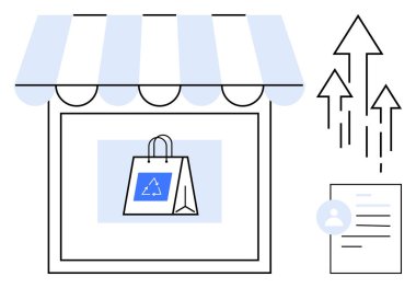 E-ticaret, sürdürülebilirlik, geri dönüşüm, çevre dostu nakliye, dijital pazarlama, çevrimiçi perakende satış. Çevre dostu çantalı, kullanıcı profilli ve oklu bir dükkan. E-ticaret ve sürdürülebilirlik kavramı