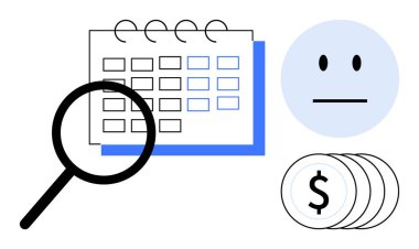 Zaman yönetimi, finansal planlama, verimlilik, değerlendirme, iş değerlendirmeleri, karar verme. Büyüteçle takvim, madeni paralar sembol ve tarafsız yüz. Zaman yönetimi ve mali planlama