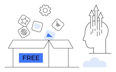 Dijital dönüşüm. Multimedya simgeleriyle etiketlenmiş kutucuk ve yukarı doğru ok yeniliği, büyüme ve teknolojisi olan bir kafa. İş, yaratıcılık, teknolojik çözümler, e-öğrenme