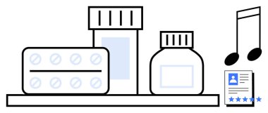 İlaç paketleri, ilaç şişeleri, müzik notları ve online profil incelemesi de dahil olmak üzere eczane malzemeleri. Sağlık, e-ticaret, çevrimiçi değerlendirmeler, ilaç ve dijital içerik için ideal