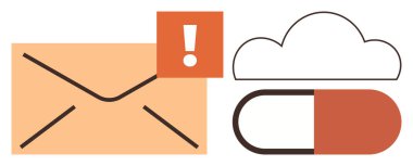 Alarm işaretli zarf, güvenli veri transferi ve depolamayı temsil eden bir kapsülün üzerindeki bulut. İletişim, güvenlik, teknoloji, bulut hesaplama, veri yedekleme, dikkat, modern