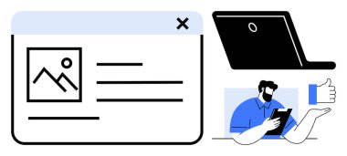 Çevrimiçi iletişim, dijital platformlar, web tasarımı, teknolojik ergonomik, uzaktan çalışma, kullanıcı desteği. Grafiksel olarak dizüstü bilgisayar, tablet tutan kullanıcı arayüzü ekran kişisi ve bir başparmak onay simgesi içerir. Çevrimiçi