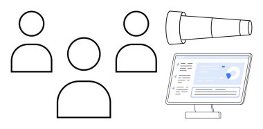 Veri araştırması, kullanıcı sezgileri, iş zekası, çevrimiçi izleme, analitik, dijital strateji. Profilleri, teleskopu ve ekranı gösteren minimalist tasarım. Kullanıcı görüşleri ve iş