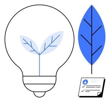 İçinde bitki bulunan ampul, mavi yaprak ve sürdürülebilirliği, yeniliği ve sorumluluğu simgeleyen kontrol listesi. Ekoloji, yeşil teknoloji, büyüme, yenilenebilir enerji çevresel bakımı için ideal