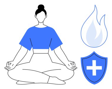 Farkındalık, sağlık güvenliği, stres atma, kendine bakım, vücut sağlığı, duygusal denge. Nilüfer çiçeğinde meditasyon yapan kadın alevin ve kalkan ikonlarının yanında poz veriyor. Farkındalık ve sağlık güvenliği kavramı