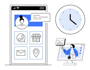 Dijital iletişim konsepti. Dijital araçlar iletişimi ve profesyonel iş akışını geliştiriyor. Dijital platformlar mesajlaşmayı, zamanlamayı ve veri analizini geliştiriyor. İş için, ağ kurmak için