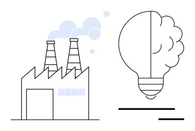 Yenilik, sürdürülebilirlik, endüstri, çevresel etki, enerji verimliliği, yaratıcılık. Bulut ve ampul beyin elementleri yayan duman yığınları olan bir fabrika. Yenilik ve sürdürülebilirlik