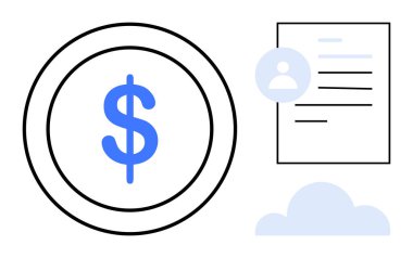 İş, finans, bulut depolama, veri güvenliği, belge doğrulama, online ödeme. Dairesel dolar sembolü, kullanıcı profili simgesi ve bulut grafikli belge. Finans ve bulut depolama kavramı