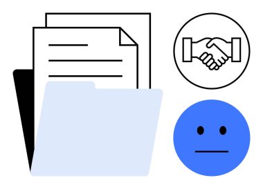 Belge yönetimi konsepti. Dosya klasörlü evrak işleri ortaklık için tokalaşma ve tarafsız yüz simgesi. Ofisler için belge yönetimi, işbirliği araçları, dijital iş akışları