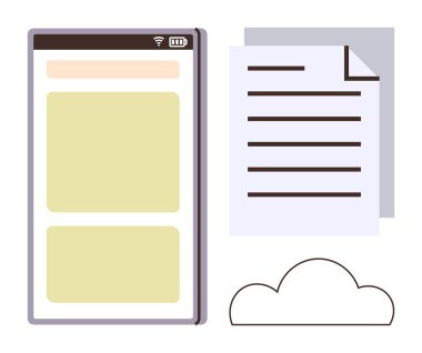 Mobil cihaz ekranı, belge kağıtları ve dosya paylaşımını, takım çalışmasını, iletişimi, veri depolama, uzaktan çalışma, ofis verimliliği ve teknolojiyi temsil eden bulut simgesi. Basit düz metafor