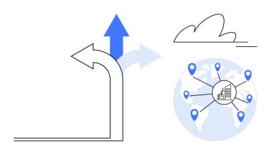 İş büyümesi, küresel ağ, bulut teknolojisi, veri yönetimi, uluslararası genişleme, dijital dönüşüm. Dünya haritası ve bulut sembolüyle büyüyen oklar. İş büyümesi